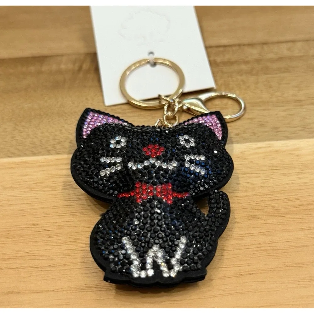 Black Cat Rhinestone Bling Faux Suede Stuffed Key Chain Charm Cat Lover Gift NEW